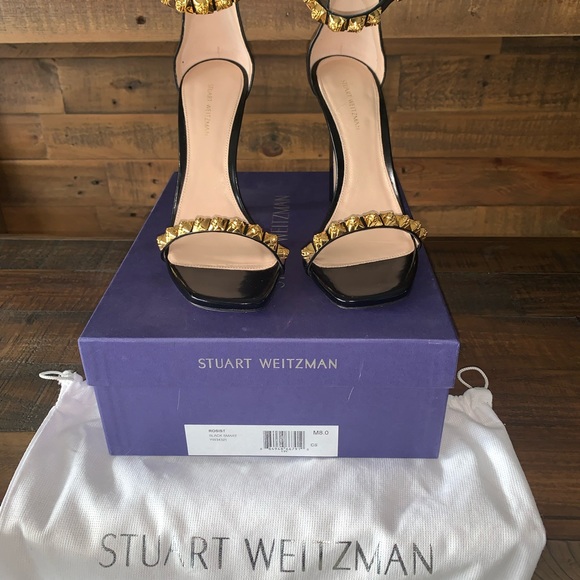 Stuart Weitzman Rosist Heeled Sandal Black w/ Gold Spikes - Size 8 - Picture 7 of 7
